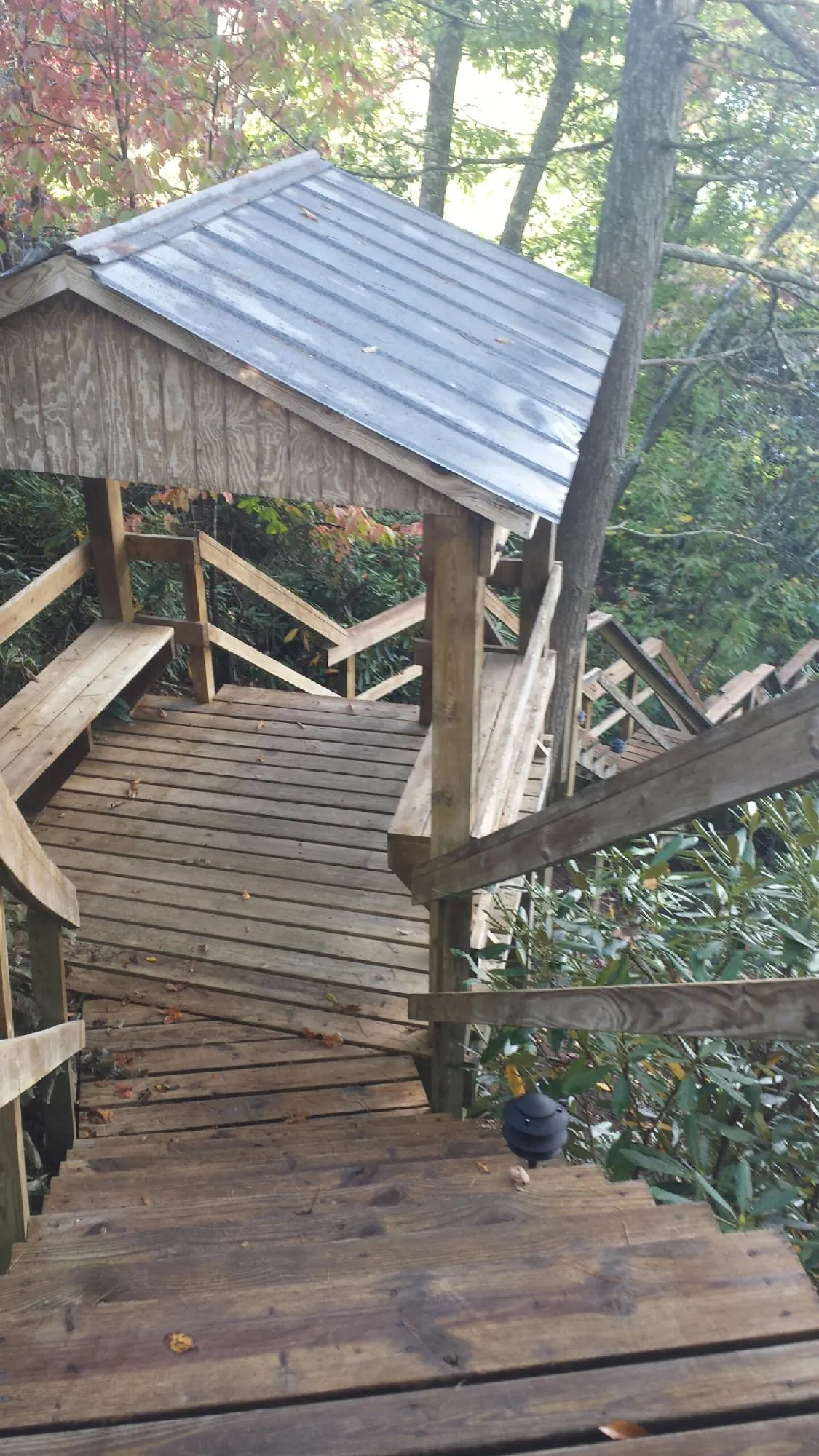 Metal roofed shelter over wooden steps on a wooded walkway — Skylight Repair & Installation work by our crew in Middlebranch